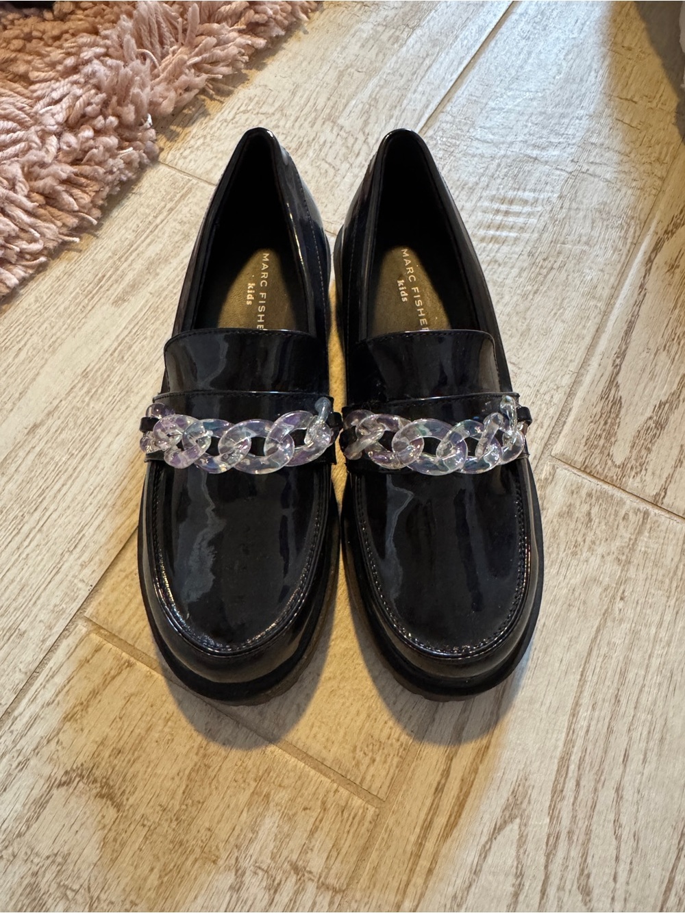 Marc Fisher Kids Black Patent Loafers with Iridescent Chain Accent